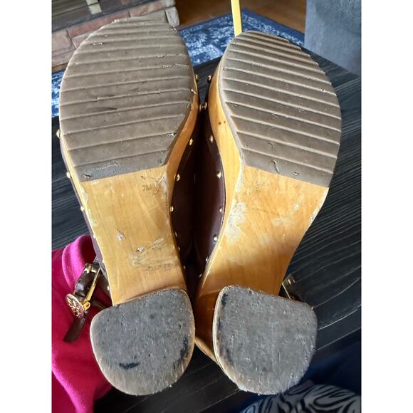 Tory Burch Brayden Brown Leather Logo Slingback Wood Clog Sz. 7 - Picture 3 of 8